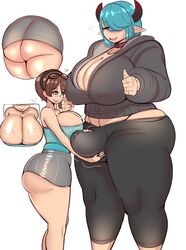 1futa 1girls absurdres ass ball_caress balls big_ass big_breasts breasts bulge bulge_grab cleavage dickgirl female fladdy fladdykin futanari highres huge_balls huge_breasts huge_testicles large_breasts larger_futanari size_difference smaller_female testicles thick_thighs wide_hips