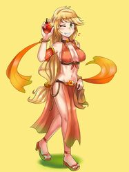 1girls apple applejack_(mlp) armband belly_dancer belly_dancer_outfit blonde_hair blush cleavage curvy dancer dancer_outfit equestria_girls freckles friendship_is_magic green_eyes happy_sub harem_outfit iojknmiojknm large_breasts lasso legs loincloth long_hair my_little_pony slave slave_collar solo_female straight_hair wink