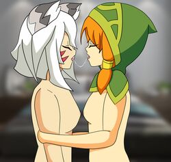 2girls brawlhalla ember_(brawlhalla) green_hood hug multiple_girls naked open_mouth saliva small_breasts yumiko_(brawlhalla) yuri