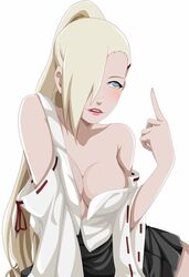 1girls bare_shoulders blue_eyes breasts drunk female female_only hair_over_one_eye ino_yamanaka inviting lipstick long_hair makeup naruto naruto:_the_last naruto_(series) naruto_shippuden off_shoulder simple_background smile solo uliyalsa white_background