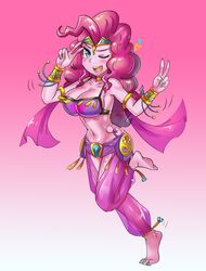 1girls barefoot belly belly_dancer blue_eyes bracelets candy dancer dancer_outfit dancing equestria_girls friendship_is_magic happy happy_sub harem_girl harem_outfit harem_pants iojknmiojknm my_little_pony navel pink_hair pink_skin pinkie_pie_(mlp) slave solo_female straight_hair v wink