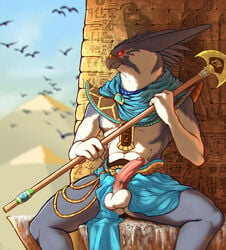 2020 4_fingers abs ambient_bird anthro athletic athletic_anthro athletic_male avian balls beak bird blue_bottomwear blue_clothing blue_topwear blurred_background bottomwear clothing day deity digital_media_(artwork) egyptian egyptian_clothing egyptian_mythology erection exposed falcon falconid falcrus falcrus_(character) fan_axe feathers fierce fingers front_view frown genitals glans glowing glowing_eyes grey_beak grey_body grey_ears grey_feathers grey_skin heiroglyphs hi_res holding_object holding_polearm holding_weapon looking_aside male male_only medial_ring melee_weapon middle_eastern_mythology multicolored_body multicolored_skin mythology no_underwear outside penis peregrine_falcon pink_penis pinup polearm pose pyramid pyramids red_sclera sitting solo spread_legs spreading tapering_penis topwear tunic two_tone_body two_tone_skin weapon white_balls white_body white_eyes white_skin