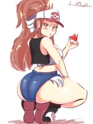 1girls artist_name ass big_ass boots booty_shorts breasts butt cosplay crossover crossover_cosplay curvy_figure doki_doki_literature_club female fusion hilda_(pokemon) hilda_(pokemon)_(cosplay) holding_object holding_poke_ball jean_shorts lewddoodler looking_at_viewer monika_(doki_doki_literature_club) nintendo pale-skinned_female pale_skin pawg pokeball pokemon pokemon_bw ponytail short_shorts shorts solo_female squatting tank_top thick_ass thick_thighs thighs