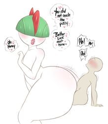 1boy 1girls almost_penetration anon anonymous_male anthro anthrofied assjob blush bottom_heavy buttjob cant_get_past_cheeks covered_buttjob faceless_male femdom flat_chest giant gigantic_ass huge_ass huge_thighs human human_on_pokemon humanoid interspecies large_ass larger_female lips nintendo pokemon pokemon_rse premature_ejaculation ralts saltyxodium size_difference small_penis_humiliation smaller_male speech_bubble text thick_lips thick_thighs voluptuous white_background white_body white_skin wide_hips