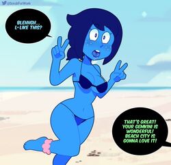 1girls ahoge barefoot beach bikini blue_bikini blue_eyes blue_hair blue_skin blurry_background blush breasts cartoon_network cleavage clothing double_v english_text feet female freckles gem gem_(species) hair hourglass_figure lapis_lazuli_(gem) lapis_lazuli_(steven_universe) medium_breasts midriff nice_lapis ocean one_leg_up open_mouth partially_clothed peace_sign pose saliva short_hair slim solo_focus somescrub speech_bubble standing steven_universe text tongue tongue_out upper_teeth v_sign watermark