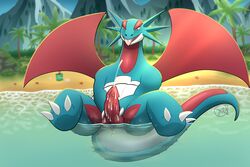 2020 3:2 absurd_res anus beach claws detailed_background ejaculation erection ferilla front_view genitals hi_res male nintendo penis pokémon_(species) pokemon reptile salamence scalie seaside solo tongue tongue_out video_games water wings