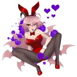 big_breasts bunny_ears bunnysuit censored clothed demon funamusea high_heels lil_(funamusea) pantyhose pink_hair pointless_censoring presenting problilmatic seductive seductive_smile succubus tagme the_gray_garden white_background