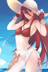 alternate_costume arched_back artist_name athletic_female beach bikini blue_sky cloud clouds cordelia_(fire_emblem) eyeliner fire_emblem fire_emblem_awakening flowing_hair gloves hair_between_eyes hair_ornament looking_at_viewer midriff nintendo ocean outdoors red_bikini red_eyes red_hair red_swimsuit sarong see-through shell siegzeonu small_waist smile smooth_skin straw_hat