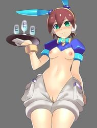 aile animal_ears blush bow bowtie breasts brown_hair bunny_ears closed_mouth cup drinking_glass female gloves green_eyes hair_between_eyes highres looking_at_viewer mega_man mega_man_zx meme_attire nipples protected_link pussy reverse_bunnysuit reverse_outfit robot_ears short_hair shorts solo third-party_edit ukimukai uncensored wine_glass