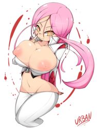 clothing female finger_to_mouth large_breasts low_cut_pants mature_female nail_polish no_panties pink_hair sagiri_yuuko solo triage_x urban-centre yellow_eyes