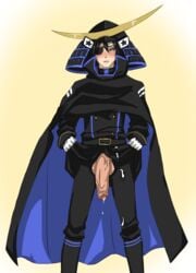 1boy 1orangejuicier after_orgasm black_eyes black_hair blue blue_cape blush boots cape cloak crecent date_masamune drooling eye_patch flaccid gloves half-closed_eyes helmet huge_balls huge_cock lifting_clothing looking_down male male_only masamune_(pop'n_music) masamune_date open_mouth original panting pop'n_music saliva samurai semen showing_off simple_background stars