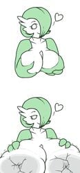 bedroom_eyes breast_expansion breasts female gardevoir green_hair groping_breasts heart large_breasts pokemon pokemon_(species) semi-stick white_eyes window