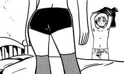 1boy 1girls 2d animated bed bike_shorts black_and_white blinking bra gif imminent_sex kneesocks navel pants ramona_flowers scott_pilgrim scott_w_pilgrim shekiladze shirt_up skirt_down skirt_pull stripping surprised undressing