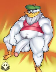 5_fingers anatid anseriform anthro avian balls beak beard bedroom_eyes big_penis bird bottomless clothed clothing disney duck ducktales ducktales_(2017) elfein eyewear facial_hair fingers flintheart_glomgold genitals glasses hat headgear headwear hi_res looking_at_viewer male male_only membrane_(anatomy) musclegut muscular muscular_male narrowed_eyes penis pubes seductive shirt simple_background solo tank_top topwear vein veiny_penis webbed_feet