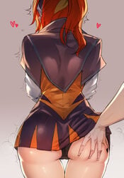 2020 2020s ass_grab back_view battle_academia_lux battle_academia_series big_butt clothed curvy disembodied_hand female from_behind hand_under_clothes heart league_of_legends luxanna_crownguard panties ratatatat74 red_hair riot_games short_skirt simple_background skirt skirt_lift surprised teasing thigh_gap