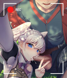 1boy 1girls blowjob blue_eyes blush camera camera_view cheating clothed cum cum_in_mouth fellatio female grey_hair ihavetwoooo looking_at_viewer melia_antiqua nintendo oral peace_sign penis pov recording selfie selfie_fellatio shulk_(xenoblade) wings xenoblade_(series) xenoblade_chronicles