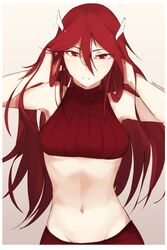 1girls athletic_female belly_button cordelia_(fire_emblem) eyeliner female fire_emblem fire_emblem_awakening hair_between_eyes hair_ornament hands_in_hair inguinal_creases looking_at_viewer midriff nintendo open_mouth overheated red_eyes red_hair redhead shorts siegzeonu sleeveless_shirt small_waist smooth_skin sweat sweatdrop sweaty tall_female tired very_long_hair white_background