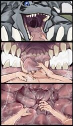 absurd_res acidic bodily_fluids conditional_dnp digimon digimon_(species) erection first_person_view genitals guilmon hi_res human macro male mammal micro mouth_shot nude open_mouth oversized_oral penis penis_on_tongue pubes saliva swallowing tongue vore