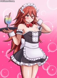 1girls artist_name blush blushing blushing_at_viewer bowtie bubbles cleavage cocktail cocktail_glass collar_only cordelia_(fire_emblem) cuffs_(clothing) eyeliner female fire_emblem fire_emblem_awakening garter hair_between_eyes hair_ornament long_hair looking_at_viewer maid maid_apron maid_dress maid_headdress maid_outfit maid_uniform nintendo patdarux patdarux_dream red_eyes red_hair redhead smile smooth_skin sparkles sparkling_eyes straw thick_thighs touching_hair tray very_long_hair