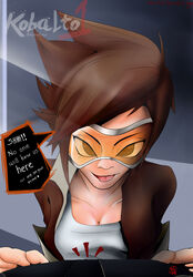 brown_hair cleavage freckles goggles kobalto1 orange-tinted_eyewear overwatch short_hair smile tagme tinted_eyewear tongue_out tracer unseen_male_face visor