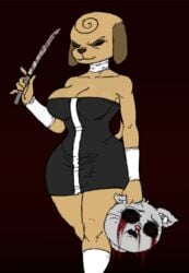 2020 anthro big_breasts black_clothing black_dress blood bodily_fluids boots breasts canid canine canis clothing collar death decapitation domestic_cat domestic_dog dress empty_eyes eyeshadow fan_character felid feline felis female footwear gore knife makeup mammal red_background severed_head shirtbusters simple_background solo tagme weapon wide_hips