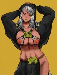 1girls areola areolae big_breasts black_sclera breasts busty cleavage clothing curvy exposed_nipples eyelashes female female_only hakko_baby highres hood huge_breasts jojo's_bizarre_adventure large_breasts lips long_hair looking_at_viewer navel nipple_cutout nipples partially_clothed red_eyes risotto_nero rule_63 sexually_suggestive signature simple_background solid_color_background solo standing teeth vento_aureo voluptuous white_hair wide_hips yellow_background