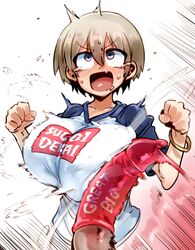 1boy 1girls ahegao alternate_eye_color big_penis blush breast_slap cock_slap condom doppel female funny funny_face grey_eyes grey_hair huge_breasts huge_cock large_breasts large_penis penis_slap penis_slapping_breast sakurai_shinichi shirt slapping_breasts uzaki-chan_wa_asobitai! uzaki_hana veiny_penis