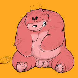 1:1 2007 anthro balls blush closed_eyes flaccid fur genitals male male_only mammal overweight overweight_anthro overweight_male penis red_body red_fur simple_background sitting solo ursid wantaro yellow_background