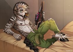 anthro bottomwear bulge clothed clothing equid equine facial_piercing fur gllorvillain green_eyes gun hi_res hooves male male_only mammal mohawk muscular muscular_anthro muscular_male nipples nose_piercing nose_ring pants partially_clothed piercing ranged_weapon rifle solo solo_male topless weapon zebra zeke_white