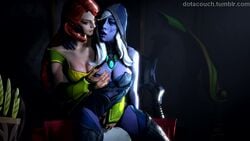 2girls 3d animated bare_shoulders bedroom_eyes blue_skin breast_grab clothed_sex dark_environment dota dota_2 dotacouch drow_ranger eye_contact facial_markings female female_focus fingering hood legwear lesbian light loop masturbation medium_breasts necklace no_sound pale-skinned_female pale_skin pussy_grab red_eyes sitting source_filmmaker traxex video white_hair white_skin windranger yuri