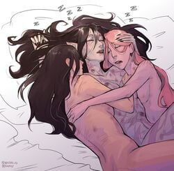 3girls after_sex black_hair black_lipstick castaspella cuddle_pile cuddling drooling lipstick_mark long_nails lots_of_lipstick_marks multiple_girls netflix octopussy_(artist) on_bed pink_hair pointy_ears queen_angella scar scars scratch_marks shadow_weaver she-ra_and_the_princesses_of_power signature sister_in_law sleeping tagme text wholesome yuri