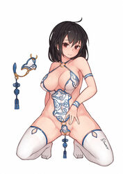 anal_attached_clothing anal_ball_wear anally_anchored_clothing armlet bare_shoulders black_hair bracelet breasts brown_eyes center_opening chinese_clothes covered_navel exposed_clitoris female full_body highres jewelry kneeling large_breasts long_hair nib_pen_(medium) o-ring original signature simple_background solo stmaster tassel thighhighs traditional_media white_background