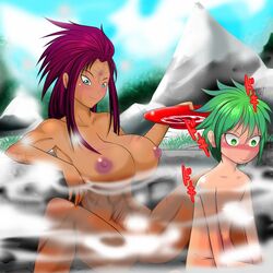 1boy 1boy1girl 1girls abs age_difference blue_eyes blush breasts embarrassed female friendship_is_magic green_eyes green_hair hot_spring huge_breasts humanized muscular_female my_little_pony my_little_pony_the_movie nipples purple_hair scar scared smooth_skin spike_(mlp) steam tempest_shadow_(mlp) xxangeluciferxx