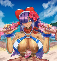 1girls 3boys :o android areolae beach between_breasts big_breasts bikini bikini_top black_pubic_hair bra breasts clothed dark-skinned_female dark_skin double_handjob female female_focus flower foursome green_eyes hair_over_one_eye handjob heart hearts hime_cut huge_breasts interracial layer light-skinned_male light_skin long_hair male male_pubic_hair mega_man mega_man_x mega_man_x_dive nipple_slip open_mouth outside paizuri paizuri_under_clothes panties penis pink_heart pov pubic_hair purple_hair ral_(artist) red_flower reploid robot robot_girl straight stroking stroking_penis surprised sweat sweatdrop swimsuit swimsuit_layer_(x_dive) titjob wet