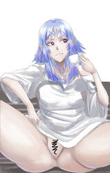 alien alien_girl alternate_costume anus ass barely_censored blue_hair casual_clothes casual_clothing casual_exposure censored crystal_hair cup damagefloor elma_(xenoblade_x) exotic_pupils exposed_pussy holding_object loose_shirt no_pants no_underwear okasaretafuroa pale-skinned_female pale_skin pointed_ears pussy scribble_censor spoilers t-shirt two_tone_eyes xenoblade_(series) xenoblade_chronicles_x