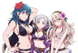 3girls bare_arms bare_midriff bare_shoulders belt big_breasts bikini bikini_skirt black_bikini black_swimsuit blue_eyes blue_hair breast_size_difference breasts byleth_(fire_emblem) byleth_(fire_emblem)_(female) byleth_(summer)_(fire_emblem)_(female) cleavage corrin_(fire_emblem) corrin_(fire_emblem)_(female) corrin_(summer)_(fire_emblem)_(female) female female_only fire_emblem fire_emblem:_three_houses fire_emblem_awakening fire_emblem_fates fire_emblem_heroes flower flower_in_hair grey_eyes hair_flower hair_ornament hairband hibiscus hiyori_(rindou66) huge_breasts large_breasts looking_at_viewer medium_breasts multiple_girls navel nintendo o-ring o-ring_bikini official_alternate_costume parted_lips pose posing purple_bikini purple_flower purple_swimsuit red_eyes red_flower robin_(female)_(summer)_(fire_emblem) robin_(fire_emblem) robin_(fire_emblem)_(female) sideboob simple_background small_breasts smile smiling smiling_at_viewer swimsuit twintails white_background white_bikini white_hair