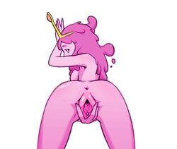 1girls adventure_time anus artist_request ass clitoris crown leaning_against_wall liquid_hair looking_at_viewer looking_over_shoulder nude pink_hair pink_skin presenting presenting_pussy princess_bubblegum pussy sideboob spread_pussy vagina white_background