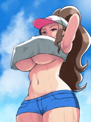 1girls armpits big_breasts blue_eyes brown_hair female hat hilda_(pokemon) large_breasts long_hair misokatsuoden nintendo nipple_slip pale-skinned_female pale_skin pokemon pokemon_bw ponytail shorts sweat