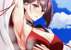 1girls arm_up armpits azur_lane blue_sky blush breasts brown_hair cleavage cloud collarbone criss-cross_halter day dress eyebrows_visible_through_hair eyeliner female grabbing_own_breast hair_between_eyes halterneck japanese_clothes kimono large_breasts long_hair long_sleeves looking_at_viewer makeup nose_blush open_clothes open_kimono open_mouth outside ponytail presenting_armpit red_bra red_dress sho_chan sidelocks sleeveless solo sweat sweaty_armpits upper_body very_long_hair white_kimono wide_sleeves yellow_eyes zuikaku_(azur_lane)