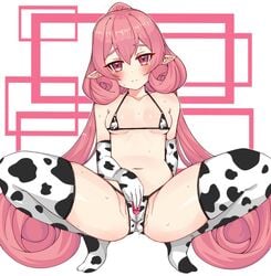 animal_print bangs bikini blush breasts closed_mouth cow_print cow_print_bikini curly_hair elf eyebrows_visible_through_hair female hair_between_eyes k-y long_hair looking_at_viewer micro_bikini neneka_(princess_connect!) pink_eyes pink_hair pointy_ears princess_connect! princess_connect!_re:dive small_breasts swimsuit