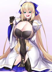 alternate_breast_size artoria_pendragon artoria_pendragon_(caster) big_breasts blonde_hair blush dress embarrassed fate/grand_order fate_(series) green_eyes hair_ribbon huge_breasts kneeling long_hair pale-skinned_female pale_skin thighhighs watosu_(watosu_mama)