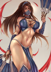 1girls 2d belly brown_eyes brown_hair curvy female female_only gauntlets kachima kitana kitana_(mk9) large_breasts loincloth looking_at_viewer mortal_kombat mortal_kombat_(2011) muscular navel revealing_clothes solo war_fan warrior