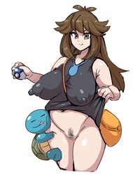 1girls ambiguous_gender bag big_breasts blue_body bottomless breasts brown_eyes brown_hair censored erect_nipples_under_clothes female female_protagonist green_(pokemon) holding_poke_ball kandenki long_hair mosaic_censoring nintendo pale-skinned_female pale_skin pokeball pokemon pokemon_lgpe pokemon_rgby pubic_hair smile squirtle white_background