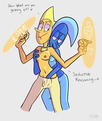 alien alien_girl alien_humanoid blue_hair blue_skin blue_zircon breasts cartoon_network female female_only gem_(species) grabbing_breasts grabbing_from_behind nipples pants_only rubbing_pussy steven_universe tagme yellow_hair yellow_skin yellow_zircon yuri zircon_(gem)