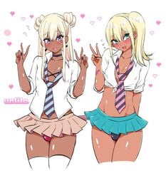 2boys ? balls_in_panties bandage bimbo blonde_hair blue_eyes blush dark-skinned_femboy dark-skinned_male dark_skin double_v earrings femboy feminine_male ganguro girly gyaru gyaru-oh gyaru-oh_femboy heart kuro_gyaru long_hair microskirt nagano_rira nail_polish necktie original otokonoko panties_bulge panty_bulge peace_sign penis_in_panties penis_under_skirt purple_eyes ronako_(nagano_rira) school_uniform serako_(nagano_rira) short_skirt side_ponytail skirt tan tan_skin tie tomgirl trap unlila v