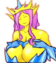 1girls 2020 breasts closed_eyes crown empress_of_light fairy female hand_on_breast headgear hi_res huge_breasts long_ears long_hair monster_girl nipple_slip pink_hair pointy_ears solo source_request terraria transparent_background unknown_artist yellow_skin