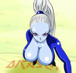 1girls angel_(dragon_ball) blue_skin breasts cleavage dicasty dragon_ball dragon_ball_super female female_only huge_breasts ponytail shounen_jump vados