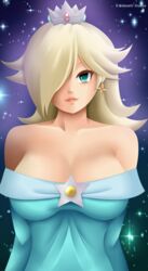 1girls blush cosmic_background covered_breasts crown cyan_eyes dress female female_only lips mario_(series) nidavellirstudios nintendo princess_rosalina solo super_mario_galaxy