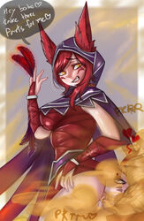 1boy 1boy1girl 1girls anus chro-sis cloak fart fart_cloud fart_fetish farting farting_in_face feathers female golden_eyes league_of_legends male pussy rakan red_hair text_bubble xayah