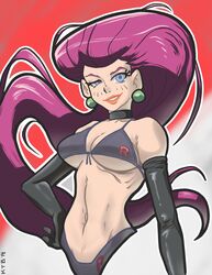 1girls 2019 big_hair bikini black_bikini blue_eyes breasts choker cleavage dated earrings elbow_gloves eyelashes female female_only flowing_hair front-tie_bikini front-tie_top gloves human jessie_(pokemon) ktb latex latex_gloves lipstick long_hair medium_breasts navel nintendo pink_hair pokemon serratus_anterior signature smile smirk smug solo toned toned_female upper_body very_long_hair